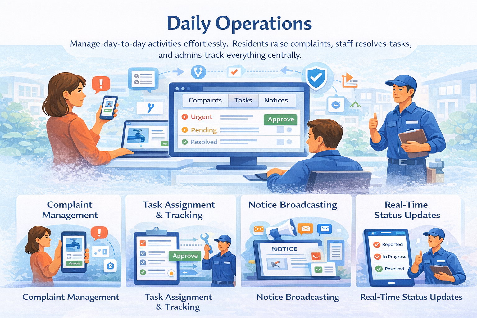Daily Operations - Manage complaints, tasks, notices, and track all activities in real-time from a central dashboard