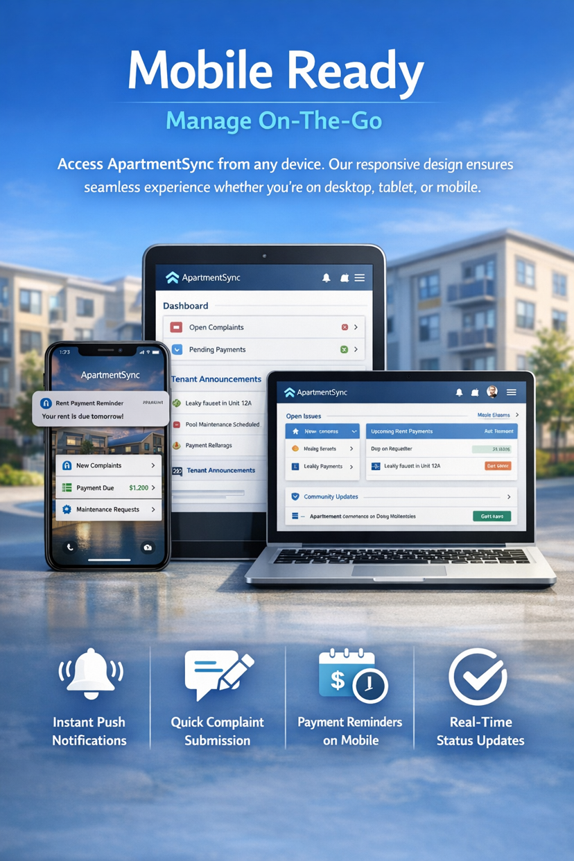 Mobile Ready - Access ApartmentSync from any device with responsive design for seamless experience on desktop, tablet, or mobile