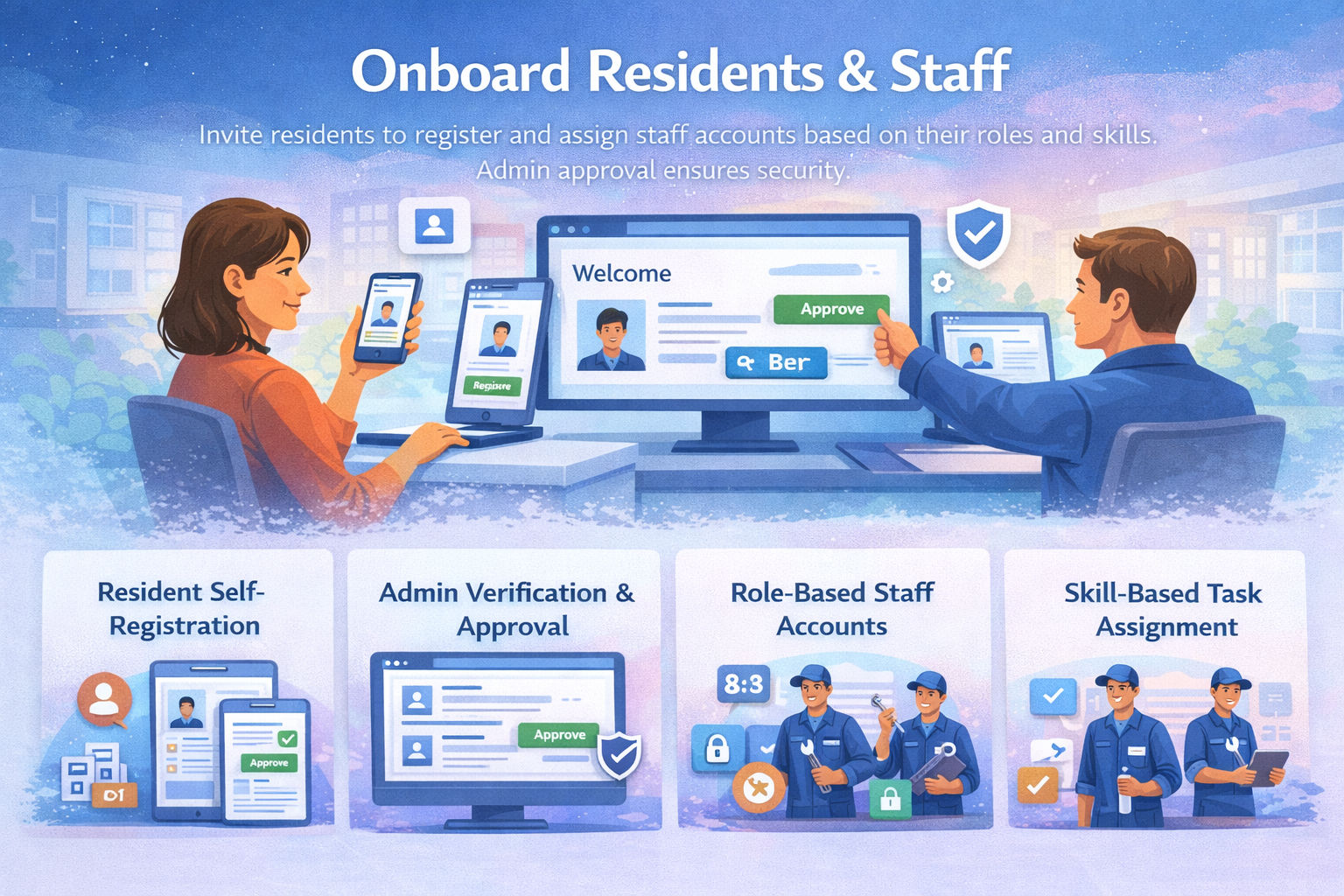Onboard Residents & Staff - Invite residents, assign staff accounts with role-based permissions and admin approval