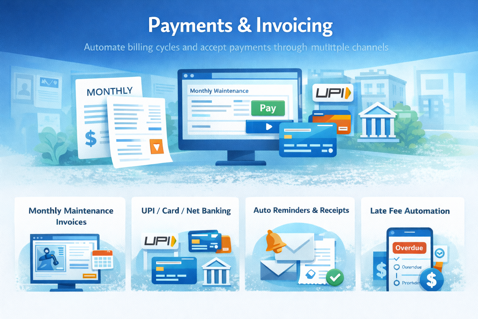 Payments & Invoicing - Automate billing cycles and accept payments through multiple channels