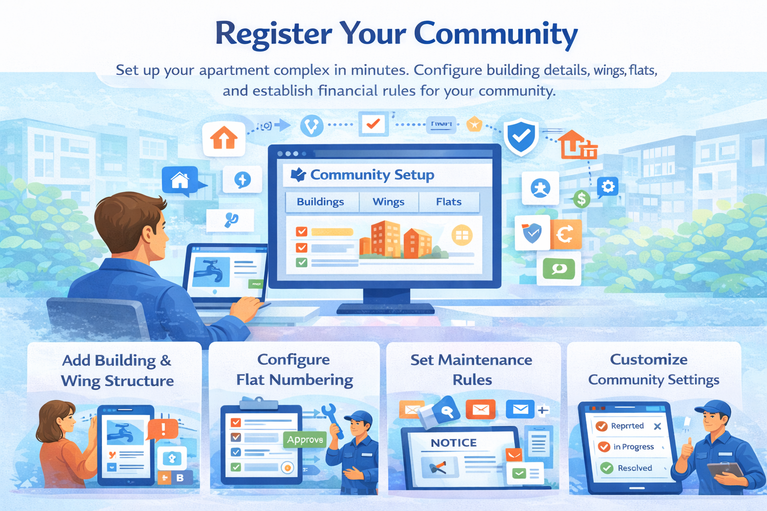 Register Your Community - Set up apartment complex with building details, wings, flats, and financial rules