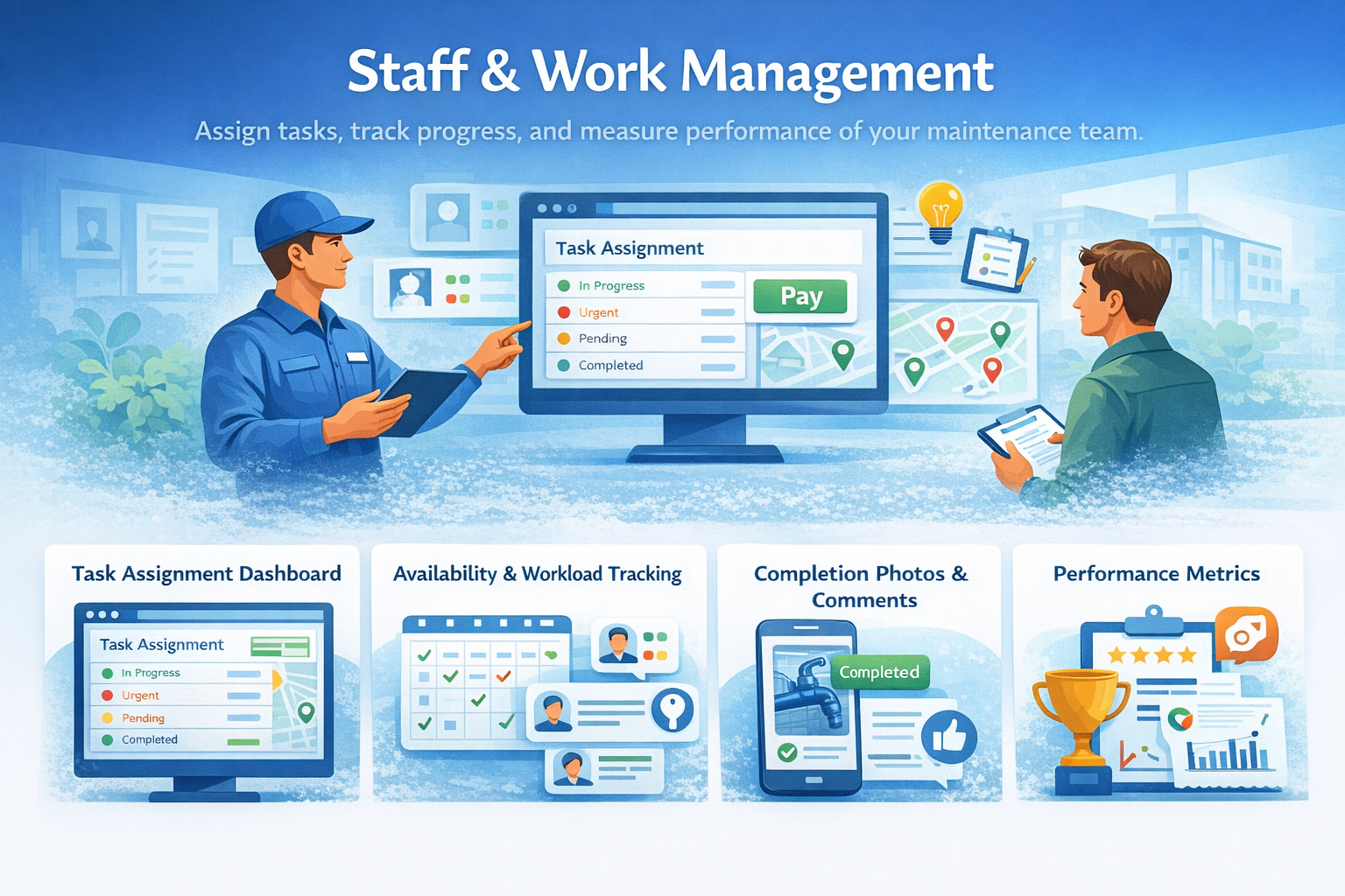 Staff & Work Management - Assign tasks, track progress, and measure performance of your maintenance team